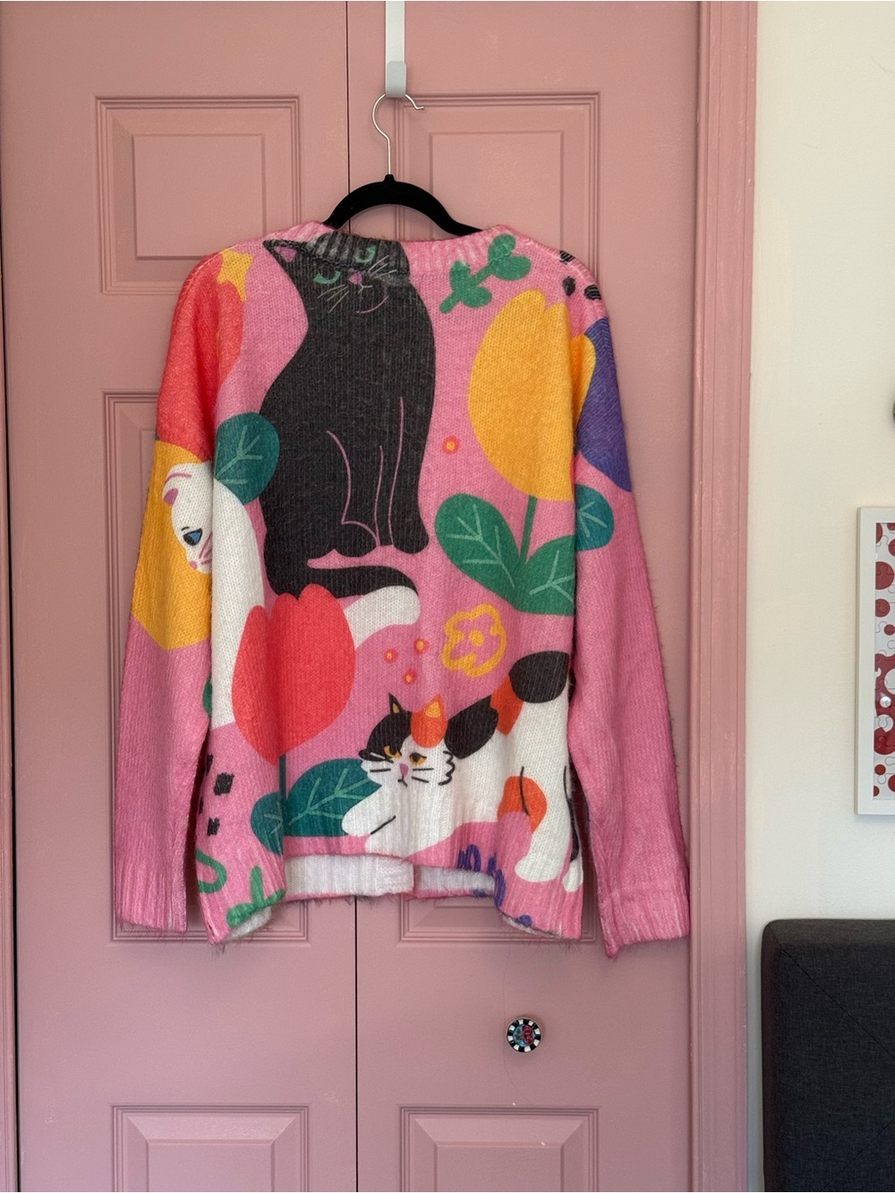 Whimsical Pink Cat-Print Crewneck Sweater